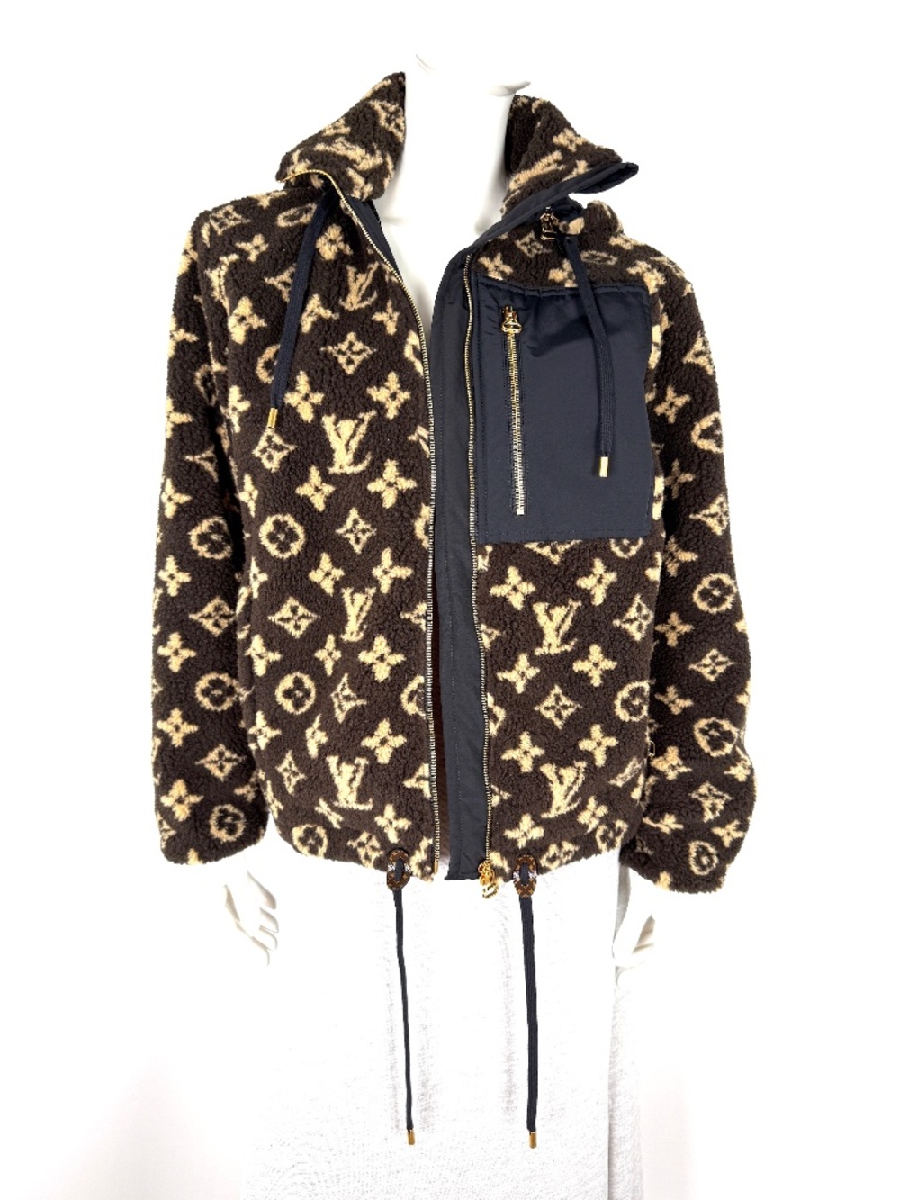 LOUIS VUITTON Monogram Fleece Hooded Brown Black Jacket Coat 36